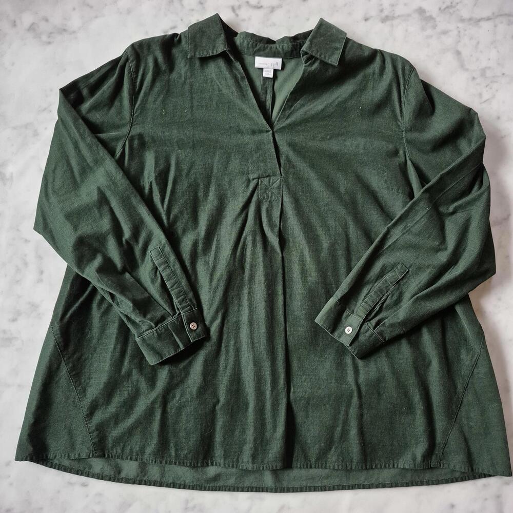 JJill Pullover Top Forest Green Lightweight Corduroy Smock 100% Cotton 1X XL